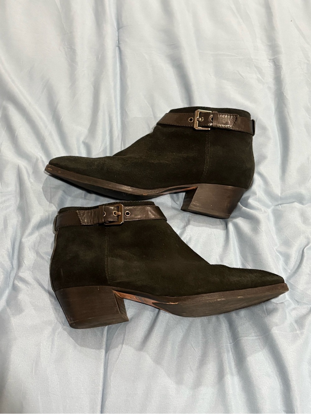 Aquatalia Dark Green Suede Ankle Booties with Buckle Strap
